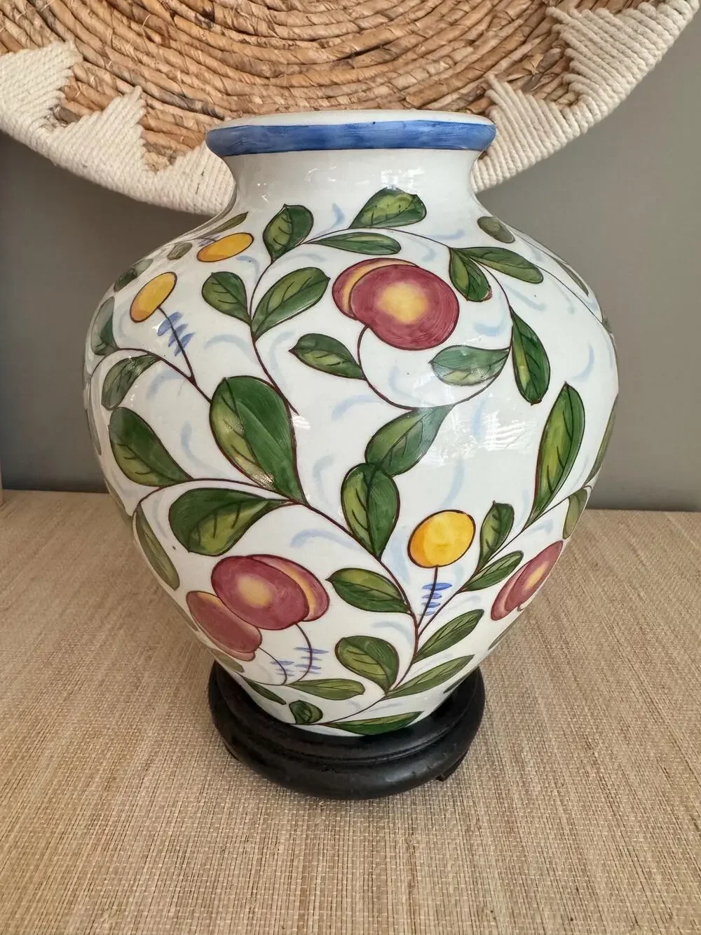 Vintage Italian Hand-Painted Ceramic Fruit Vase with Wood Stand 9